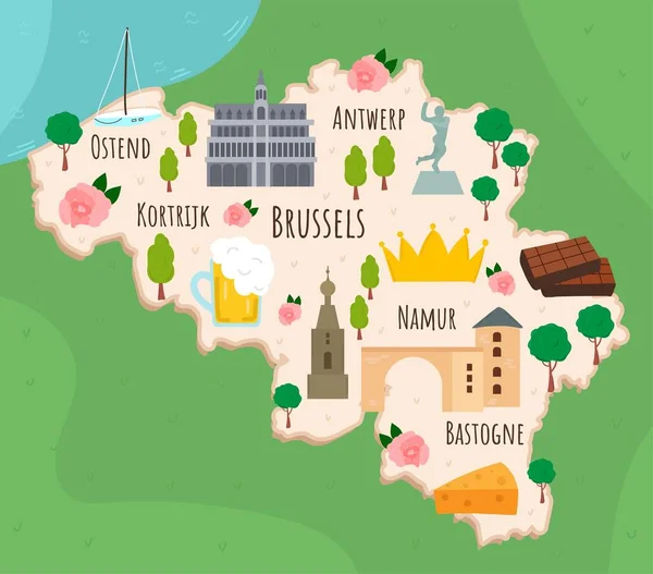 Картинная Карта Бельгии Путешествие Иллюстрации Ориентирами Зданиями Продовольствием Растениями Забавная — стоковый вектор