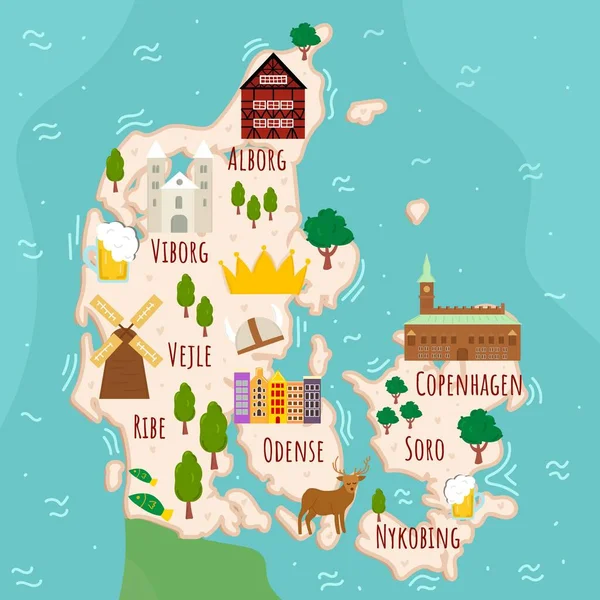 デンマークのスタイルの地図 旅行イラスト付きの漫画マップ 有名なランドマーク 食品や植物 面白い観光インフォグラフィック 国のシンボル アトラクションだ ベクターイラスト — ストックベクタ