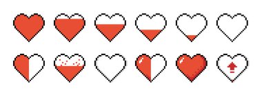 Piksel sağlık kalp çubuğu. Beyaz arka planda siyah ve kırmızı oyun sembolleri var. Düz ve hacimli görüntü tarzı. 8 bit tarzında simgeler. Oyun tasarım ögeleri kümesi.