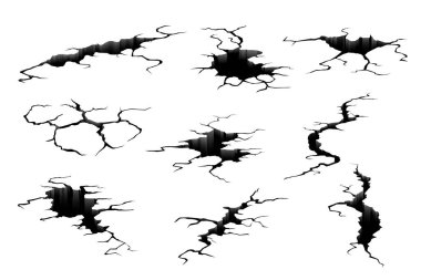 Deprem patlak verdi. Delik hasarı, zemin çatlakları ve çatlak yüzey. Yerdeki çatlaklar ve delikler. Gerçekçi izole edilmiş üç boyutlu tasarım elementleri beyaz arka planda. Vektör illüstrasyonları - EPS10