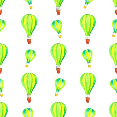 Yeşil sıcak hava balonları pürüzsüz desen oluşturuyor. Suluboya çizimi beyaz arkaplanda izole edildi