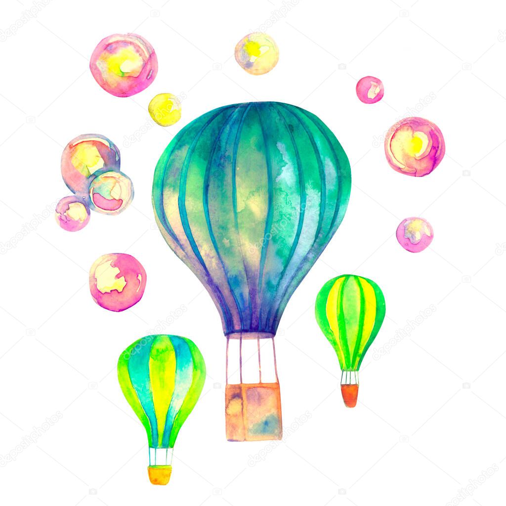 Green hot air balloons watercolor illustration isolated on white background