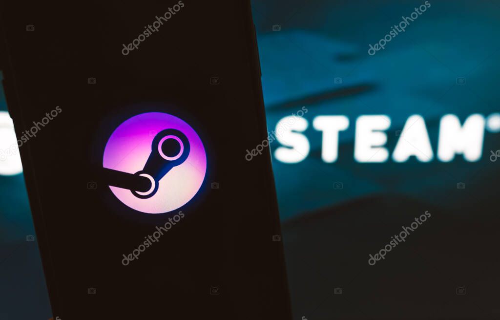 Steam app logo on the smartphone screen. High quality photo.