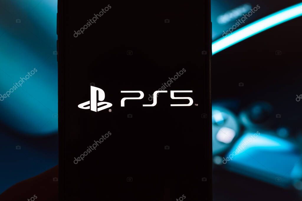 Smartphone with Sony Playstation 5 logo on screen. PS5 is the new 2020 game console. High quality photo.