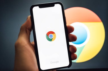  ekranda Google krom tarayıcı uygulaması olan iPhone 'u tutan el.