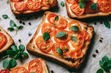 Peynirli fırınlanmış sandviç ve taze fesleğen yapraklarıyla süslenmiş siyah ekmek üzerine kiraz domatesleri. Yüksek kalite fotoğraf