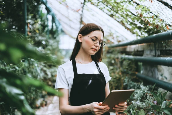 Young woman gardener in glasses and apron with digital tablet working in a garden center for better quality control. Environmentalist using digital tablet in greenhouse. High quality photo