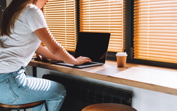 Mujer Joven Caucásica Usando Computadora Portátil Hogar Moderno Ocio Casero — Foto de Stock