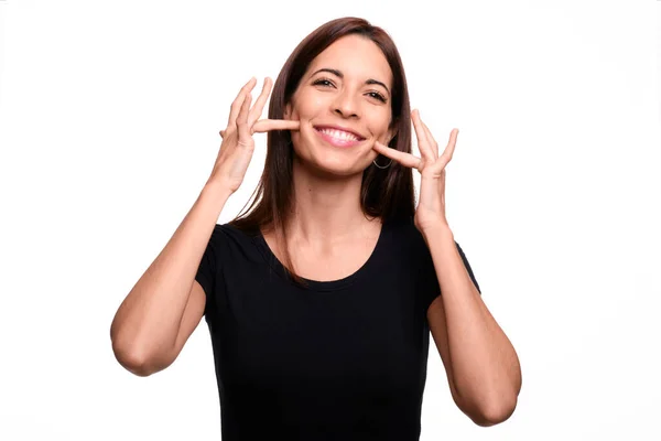 Aislado Fondo Blanco Morena Mujer Diciendo Feliz Español Lenguaje Señas — Foto de Stock