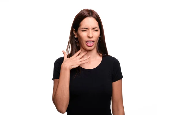 Isolated White Background Brunette Woman Saying Disgust Spanish Sign Language — Stock Photo, Image