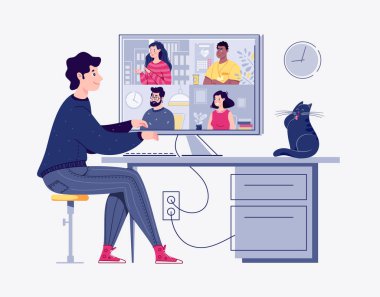 Video konferansı, webinar. Çevrimiçi toplantılar kavramı. Vektör. Düz çizgi film tarzı. Görüntü.