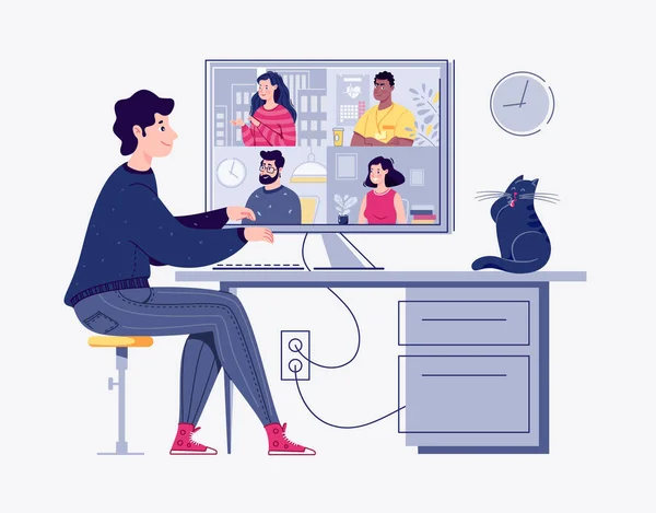 Video konferansı, webinar. Çevrimiçi toplantılar kavramı. Vektör. Düz çizgi film tarzı. Görüntü.