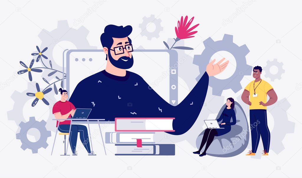 E-learning,E-learning, online learning, e-books. Technology and digital culture. staff education, consulting, college, training application. Vector illustration.