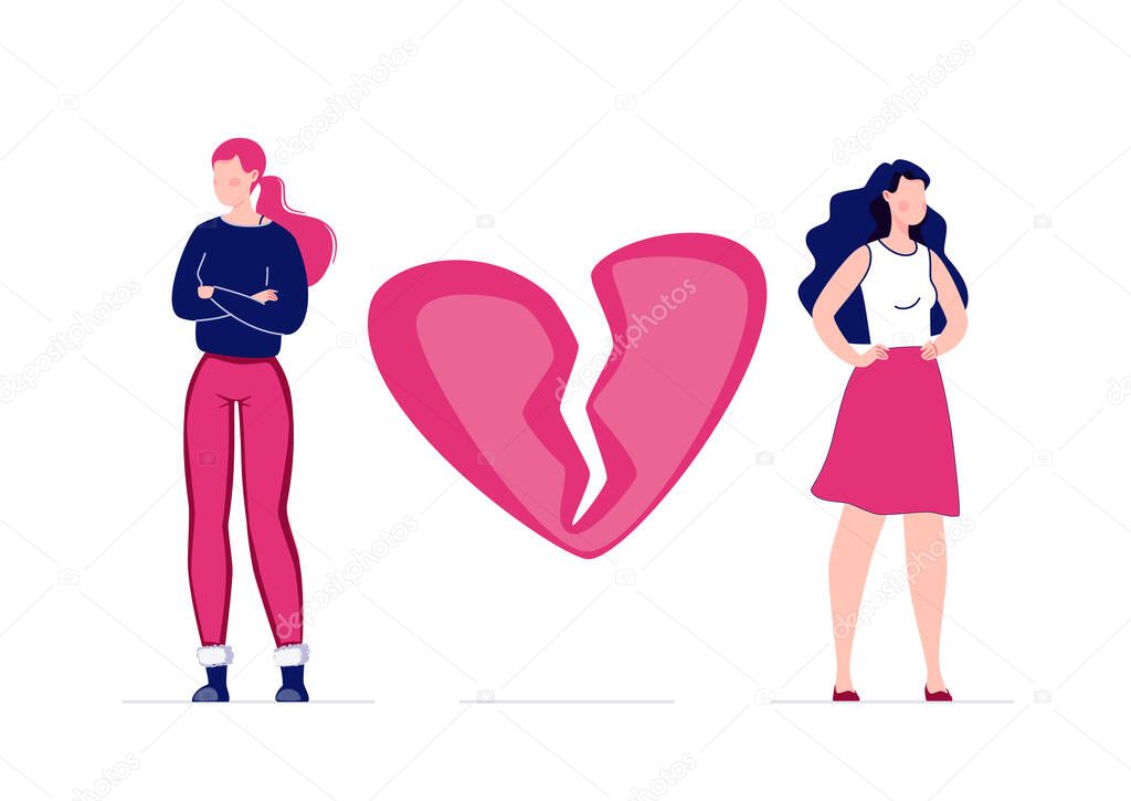 The concept of breaking the love relationship. Divorce. Former couple. Conflict between lovers. Broken heart. Parting homosexual couple. Vector. Illustration in a flat cartoon style.