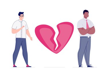 Aşk ilişkisini bitirme kavramı. Boşanma. Eski çift. Aşıklar arasındaki anlaşmazlık. Kırık kalp. Eşcinsel bir çifti ayırmak. Barışmaya çalış. Vektör. Düz bir çizgi filmde canlandırma.