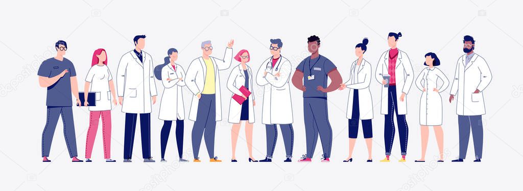 Team of doctors in cartoon style. The concept of the medical team. Doctors, nurses, orderlies - medical staff. Vector. Illustration in flat style.