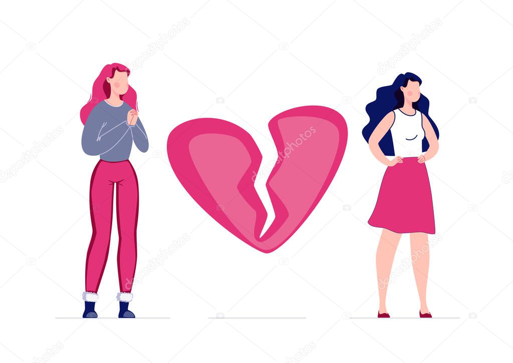 The concept of breaking the love relationship. Divorce. Former couple. Conflict between lovers. Broken heart. Parting homosexual couple. Attempt to make peace.Vector. Illustration in a flat cartoon.
