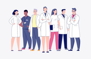 Çizgi film tarzında bir takım doktor. Tıbbi ekip kavramı. Doktorlar, hemşireler, hademeler, tıbbi personel. Vektör. Çizim düz biçimli.