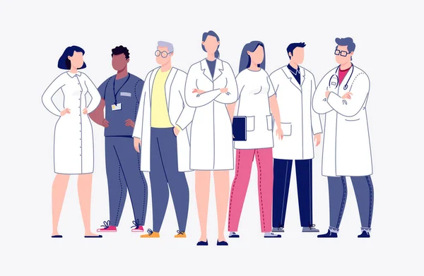 Çizgi film tarzında bir takım doktor. Tıbbi ekip kavramı. Doktorlar, hemşireler, hademeler, tıbbi personel. Vektör. Çizim düz biçimli.