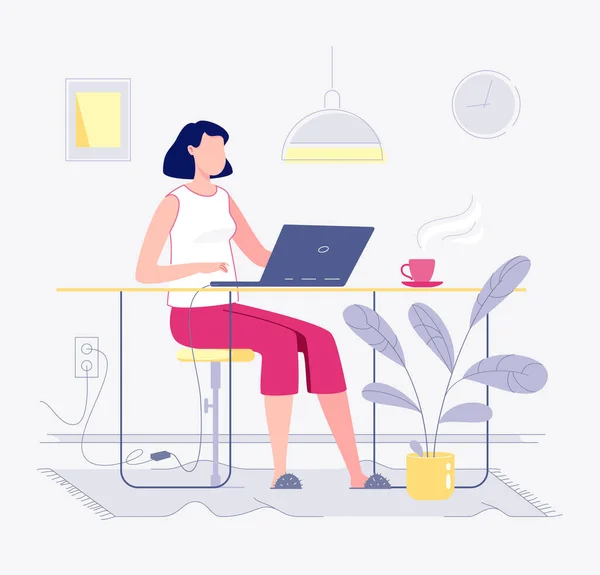 Freelance Work Young Woman Works Home Computer Home Interior Concept — Stock Vector