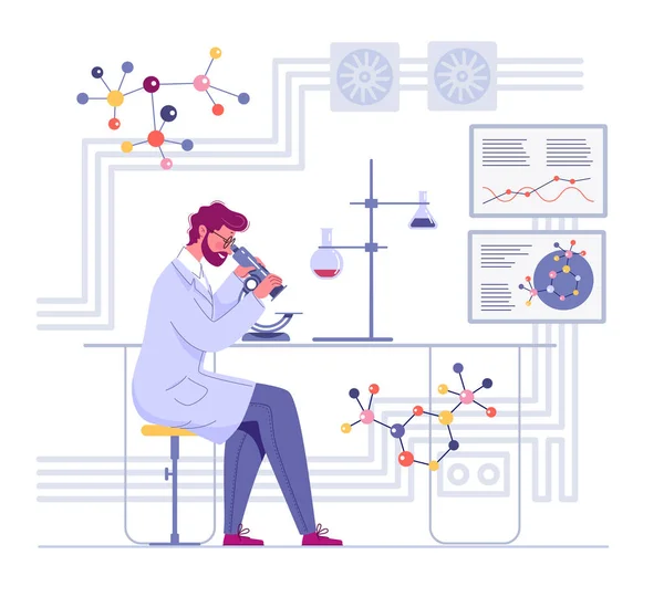 Médecin Regarde Travers Microscope Dans Laboratoire Mène Une Étude — Image vectorielle