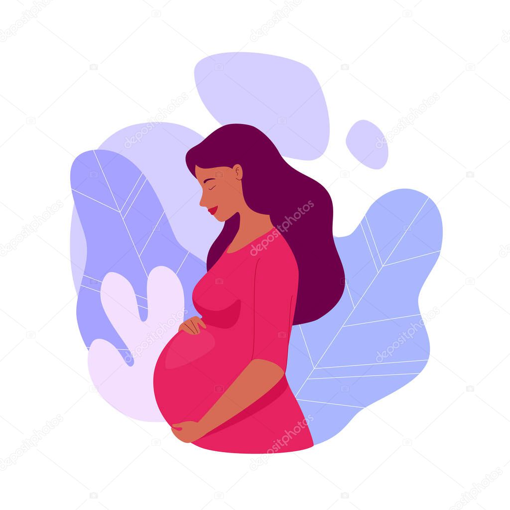 Beautiful pregnant woman hugs her big belly. Profile picture. Illustration. Vector in a flat cartoon style.