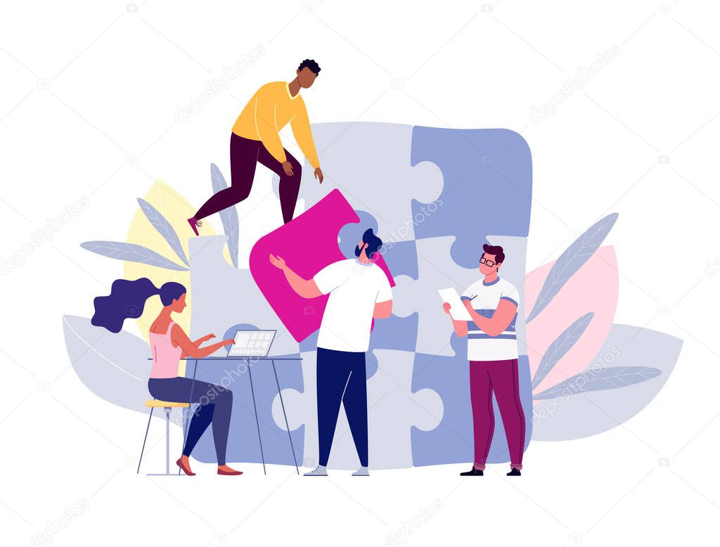 Team building concept. Business team metaphor. Business partners or company employees work together on a project. Young people put together puzzle pieces. Illustration.Vector. Flat. Cartoon.