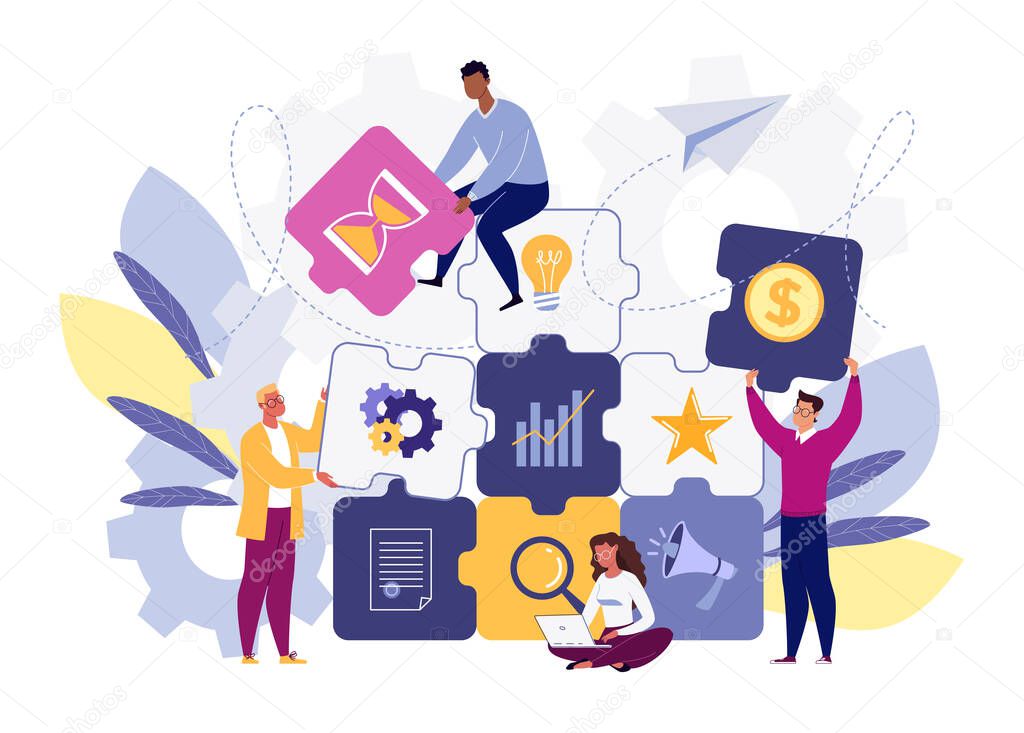 Business team metaphor. The concept of building a business system, solving problems, brainstorming, recruiting, teamwork, collaboration. Vector illustration in flat cartoon style.