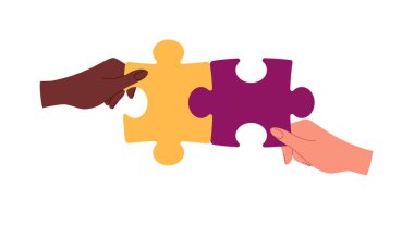 İş ortaklığı metaforu. İş sistemi kurma, sorunları çözme, beyin fırtınası, adam toplama, takım çalışması, işbirliği. Çizgi film tarzında vektör illüstrasyonu.