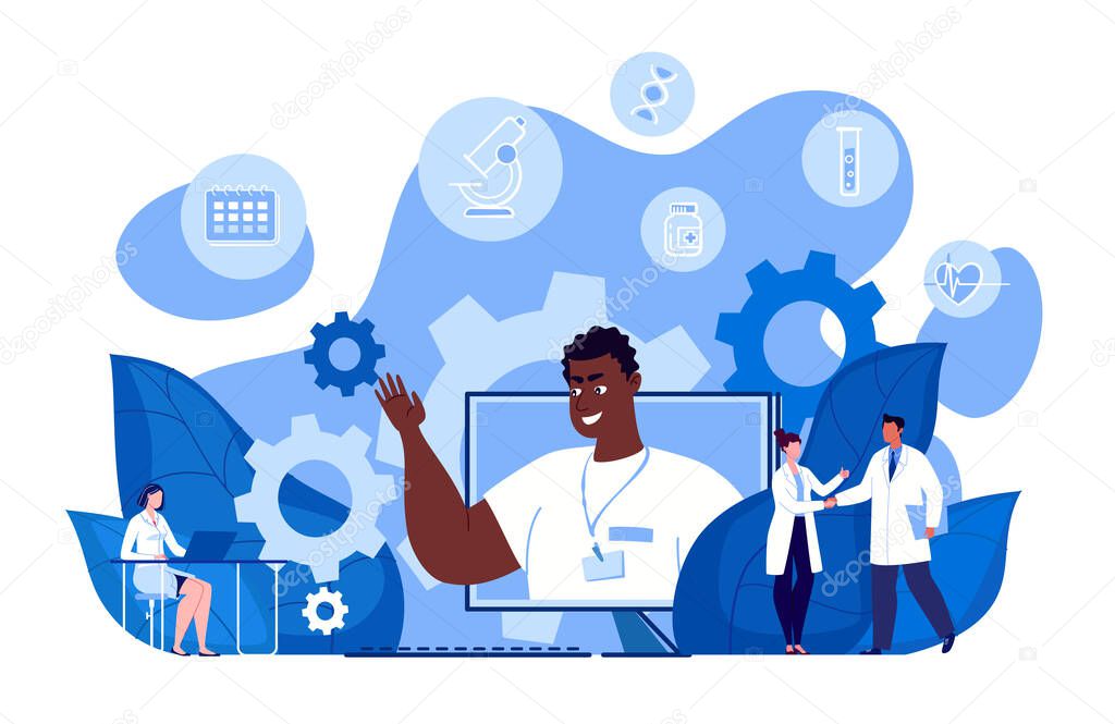 Science researching lab. Medical research. Laboratory diagnostic services. Health protection program. Medical device design and development. Molecular engineering concept. Illustration. Vector.