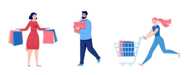 Bir grup insan alışveriş yapıyor. Paketleri ve alışverişi olan insanlar. Erkekler ve kadınlar, gösteriş, satış. Vektör. Çizgi film tarzında çizim.