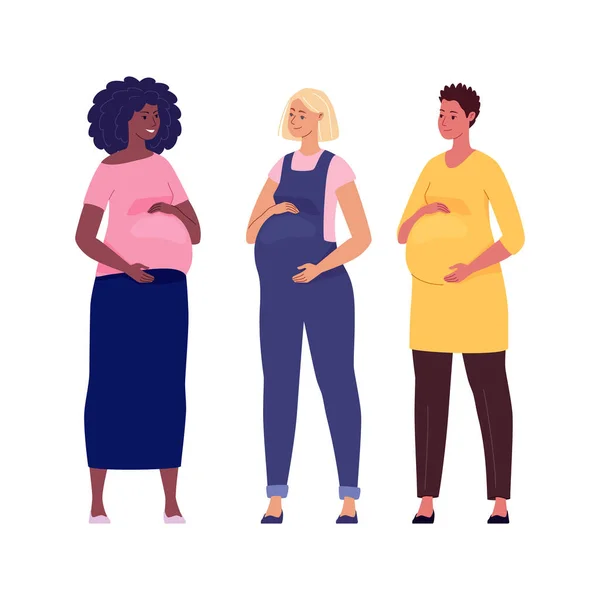 Mooie Zwangere Vrouwen Die Hun Dikke Buik Knuffelen Illustratie Vector — Stockvector
