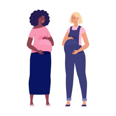 Koca göbeklerine sarılan bir grup güzel hamile kadın. İllüzyon. Çizgi film tarzında bir vektör.