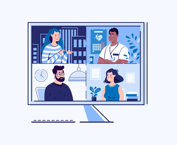 Video konferansı, webinar. Çevrimiçi toplantılar kavramı. Vektör. Düz çizgi film tarzı. Görüntü.
