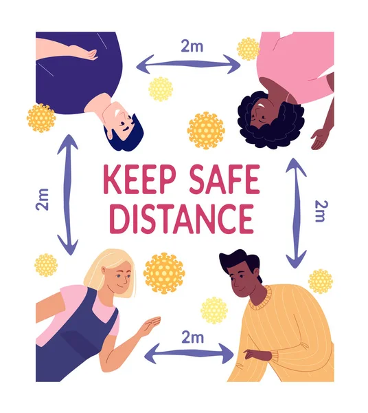 一张海报提醒我们在流行病流行时保持距离 年轻人之间的箭头表示他们之间的距离为两米 矢量说明 — 图库矢量图片