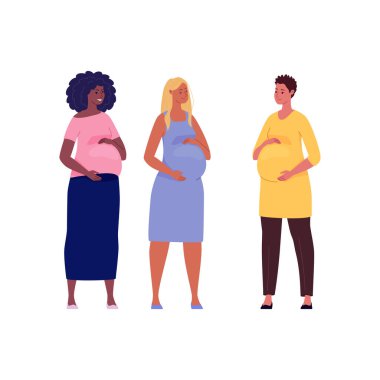 Koca göbeklerine sarılan bir grup güzel hamile kadın. İllüzyon. Çizgi film tarzında bir vektör.