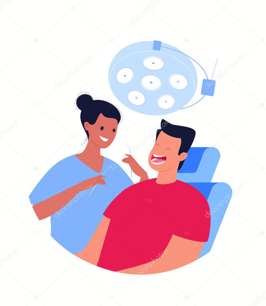 A female dentist holds instruments for examining a patient's teeth. The patient sits in the dentist's chair with his mouth open. Dentistry and healthcare concept. Vector flat cartoon illustration.