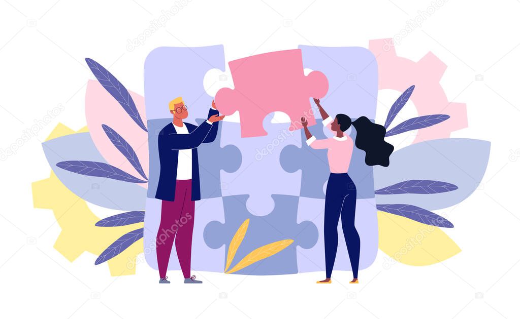 Team building concept. Business team metaphor. Business partners or company employees work together on a project. Young people put together puzzle pieces. Illustration.Vector. Flat. Cartoon.