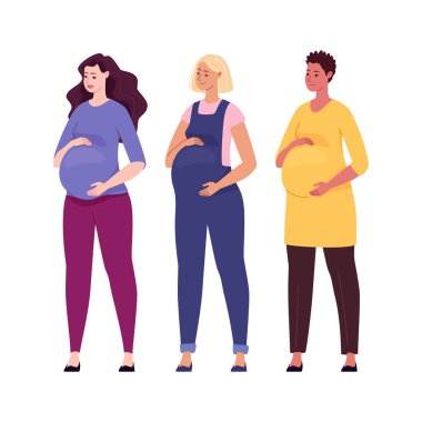 Koca göbeklerine sarılan bir grup güzel hamile kadın. İllüzyon. Çizgi film tarzında bir vektör.