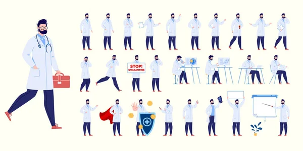 Docteur Jeu Création Caractère Avec Différentes Poses Gestes Isolé Médecin — Image vectorielle