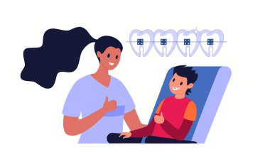 Beautiful straight white teeth with braces. Boy at the dentist sits on a chair, smiling at the friendly doctor. Vector flat cartoon illustration. clipart