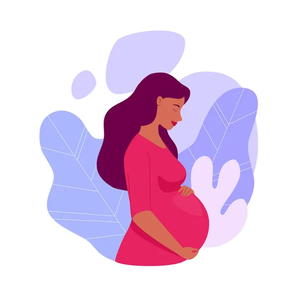 美しい妊婦は彼女の大きい腹を抱擁する プロフィール写真 イラスト 平たい漫画風のベクトル — ストックベクタ