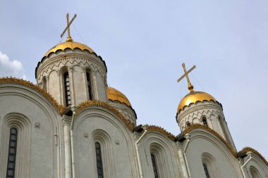 Vladimir, Rusya - 18 Mart 2018: Varsayım Katedrali XII yüzyıl. Beyaz taş mimarisinin seçkin bir anıt. Rusya'nın altın yüzük. UNESCO Dünya Mirası