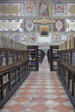 Bologna, İtalya - 20 Mayıs 2018: Archiginnasio Palazzo. İlk kalıcı Sarayı eski Üniversitesi. 1563 inşa