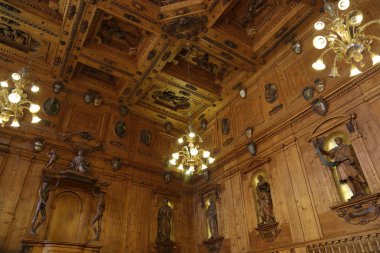 Bologna, İtalya - 20 Mayıs 2018: Archiginnasio Palazzo. İlk kalıcı Sarayı eski Üniversitesi. 1563 inşa