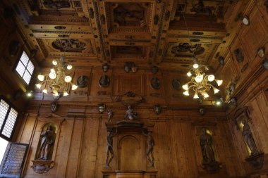 Bologna, İtalya - 20 Mayıs 2018: Archiginnasio Palazzo. İlk kalıcı Sarayı eski Üniversitesi. 1563 inşa