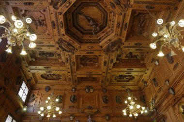 Bologna, İtalya - 20 Mayıs 2018: Archiginnasio Palazzo. İlk kalıcı Sarayı eski Üniversitesi. 1563 inşa