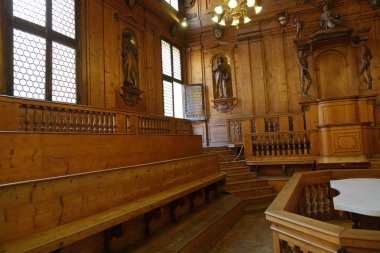 Bologna, İtalya - 20 Mayıs 2018: Archiginnasio Palazzo. İlk kalıcı Sarayı eski Üniversitesi. 1563 inşa