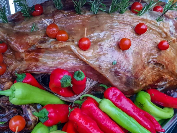 Carne Pavo Crujiente Apetitosa Horneada Con Verduras —  Fotos de Stock