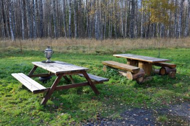 Kaynar su ve çay yapmak için bir cihaz. Sonbahar Doğa çerçevede ahşap bir masa üzerinde geleneksel Rus semaver